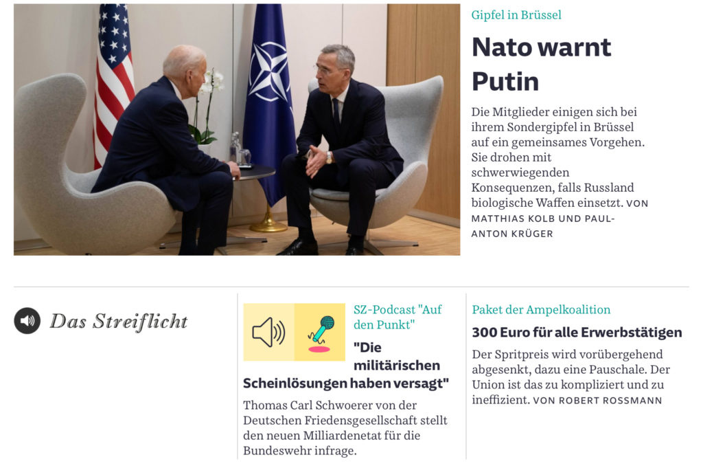Screenshot der Süddeutschen Zeitung mit Headline zum Podcast "Auf den Punkt" zum Thema Pazifismus