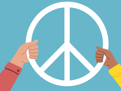 Zwei Hände halten das Friedenssymbol anlässlich des Krieges in der Ukraine